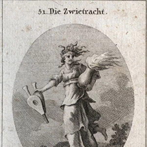 Allegory of discord. Her hair is formed of vipers and her forehead is a bloody bandage