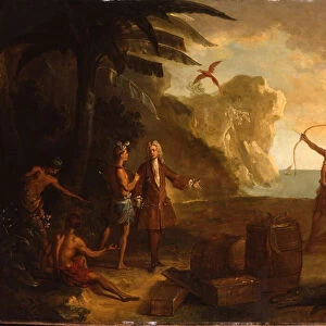 America - A European merchant negotiating with Native Americans for a barrel of tobacco