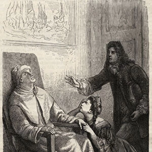 Angelique kneels to her father whom she believes dead - engraving for Jean Baptiste
