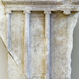 Ara Pacis, detail with Ionic temple with four colomns on the front. 1st century BC (relief)