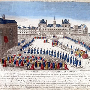Arrival of Louis XVI at the Hotel de Ville de Paris on 17 July 1789 - engraving