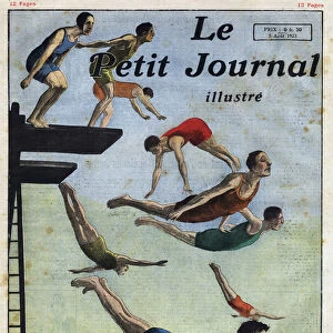 Athletes performing dives, jump from the angel. Illustration from "
