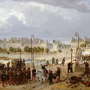 An Attack on a Barricade on the Pont de l Archeveche, 1849 (oil on canvas)