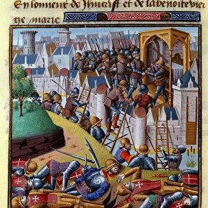Attack of a fortified town Miniature in "Le miroir historial"(Speculum Historiale) by Vincent de Beauvais (1190-1264) translated into French by Jean de Vignay, 15th century. (ms. 1196, fol. 355 r) Chantilly, Musee Conde