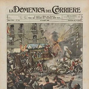 Attack on the King of Spain on his wedding day, a bomb thrown from a window on the procession (colour litho)