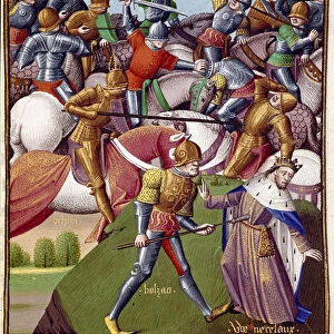 Battle of the soldiers of Emperor Othon I (Otton or Oton I, 912-973). Miniature in "Le miroir historial"(Speculum Historiale) by Vincent de Beauvais (1190-1264) translated into French by Jean de Vignay, 15th century