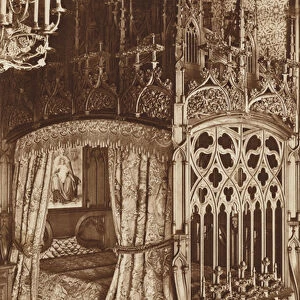Bavarian King s-Castle Neuschwanstein, Gothic Bed of the Bed-Room (b / w photo)