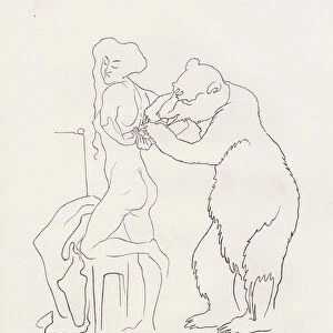 Bear undressing a woman (litho)
