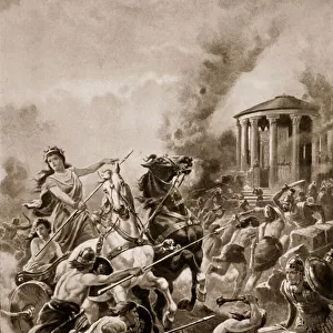 Boadiceas attack upon Camulodunum, 60AD, illustration from