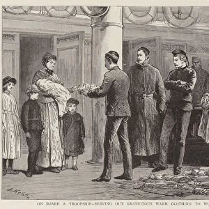 On Board a Troopship, Serving out gratuitous warm clothing to Women and Children (engraving)