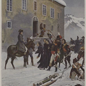 Bonaparte recu par les religieux du Mont Saint-Bernard (Bonaparte received by the monks of Mont Saint-Bernard) (colour litho)