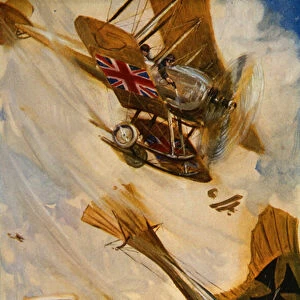 British biplane bringing down a German Taube monoplane with pistol fire