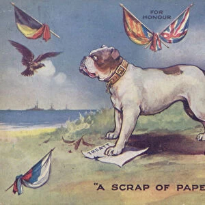 British bulldog standing on Britains treaty with Belgium (colour litho)