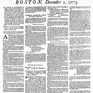 A Broadside newspaper detailing the events of the Boston Tea Party, December