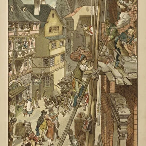Builders at work on a house (colour litho)