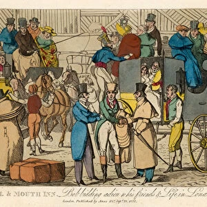 Bull and Mouth Inn: Bob bidding adieu to his friends and life in London (coloured engraving)