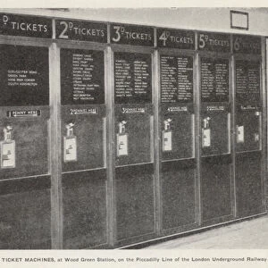 Bunch hopper ticket machines at Wood Green Station on the Piccadilly Line on the London Underground (b / w photo)