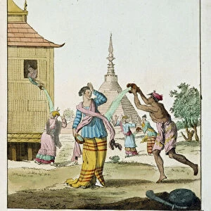 Burmese custom for the holiday season: water is thrown on each other - Engraving, 1811