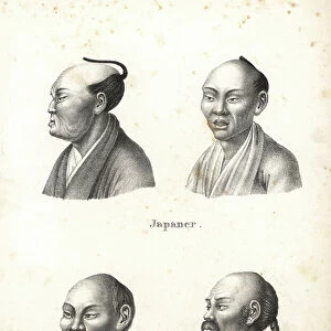Busts of Japanese men with chonmage topknot hairstyle, and Chinese men with beards, one with pigtail. Lithograph by Karl Joseph Brodtmann from Heinrich Rudolf Schinz's Illustrated Natural History of Men and Animals, 1836