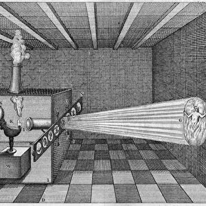 A camera obscura (Magic Lantern) projects the image of a man burning in hell