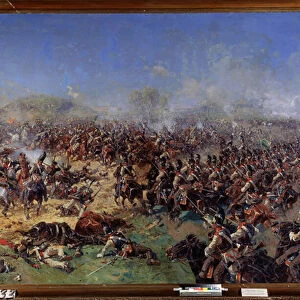 Campagne de Russie (1812) : la bataille de Borodino (ou bataille de la Moskova), le 26 aout 1812 (ou 7 septembre 1812), troisieme attaque francaise (The battle of Borodino on August 26, 1812, the third attack). Peinture de Franz Roubaud (1856-1928)