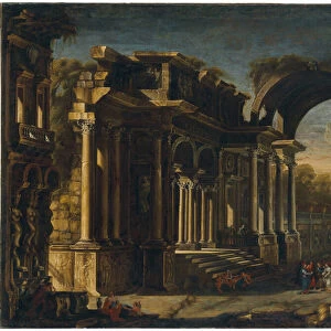 Capriccio with Roman ruins and Christ with the Woman Taken in Adultery (oil on canvas)