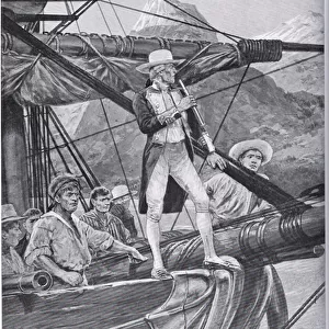 Captain Cook approaching New Zealand, illustration from Hutchinson