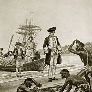 Captain Cook landing in Tasmania, 1777, illustration from Hutchinson