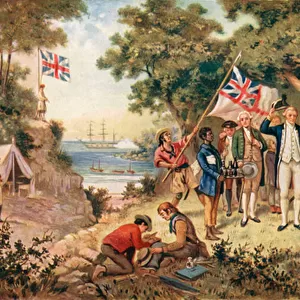 Captain Cook Taking Possession of the Australian Continent on Behalf of the British Crown, 1770 (colour litho)