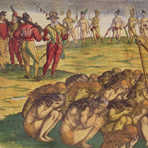 Capture of the Aztecs by the Spanish Colonists, book illustration, c. 1550 (engraving)