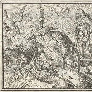 Caricature depicting Louis XIV as Apollo in his chariot, 1701 (etching)