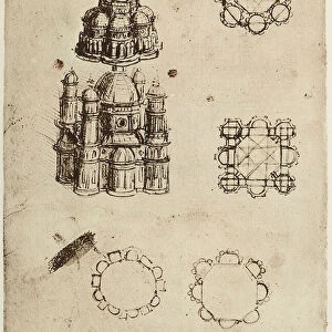 Centrally planned buildings, drawing by Leonardo da Vinci, part of the Codex B (2173), c. 25v, housed at the Institut de France, Paris