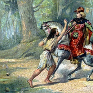 Charles VI caught in madness in the forest of Le Mans. chromolithography of the late 19th