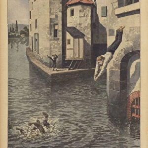 A child saving another from drowning in the Givors Canal, France (colour litho)