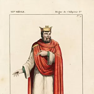 Chilperic I, King of Neustria or Soissons, c. 539-584. He wears a crown, a hooded cape or bardocucullus, over two tunics of different lengths. Handcoloured copperplate drawn and engraved by Leopold Massard from "