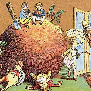 The Christmas Pudding, a Victorian christmas card (colour engraving)