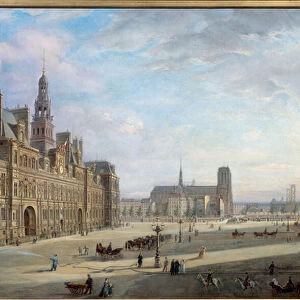 The city hall of Paris in 1868. Painting by Jan Ostoga De Miodoucheski (Mioduzsewski) (1831 -? ). Oil on canvas. Dim: 0, 78 x 1, 17m. Paris, Musee Carnavalet - The City Hall of Paris in 1868