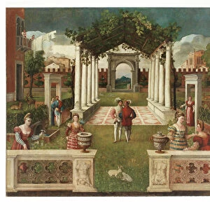 A classical architectural garden with elegant figures, a mountainous landscape beyond, c. 1530 (oil on canvas)