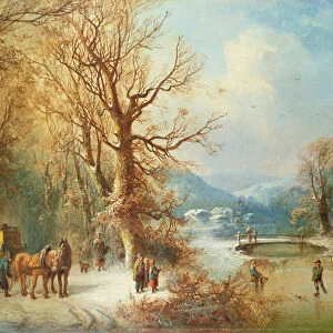 Coach and Horses in a Snowy Landscape (oil on canvas)