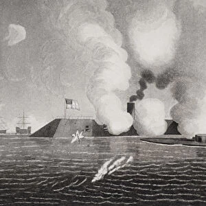 Combat between the Confederate CSS Virginia (left) and the Union USS Monitor (right)