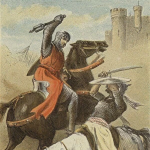 Conflict between Godfrey de Bouillon and the Saracen, at Antioch (coloured engraving)