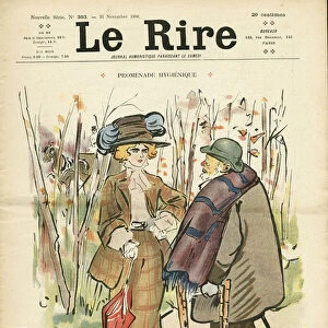 Cover of "The Laughter", Satirical in Colors, 1908_11_21: Hygienic walk - Nature Vegetation, Fashion, Life of the rich - Women - Illustration by Jeanniot (1848-1934)