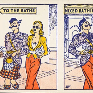 Cross-dressing: couple visiting a mixed baths and exchanging clothes (colour litho)