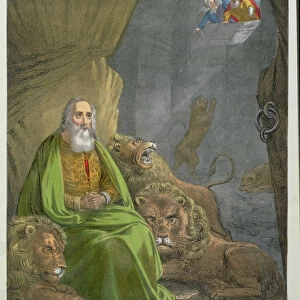 Daniel in the Lions Den, from a bible printed by Edward Gover, 1870s (litho)