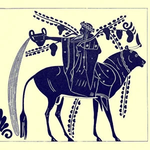 Dionysus riding a bull, illustration from Greek Vase Paintings by J. E. Harrison and D. S. MacColl, published 1894 (digitaly enhanced image)