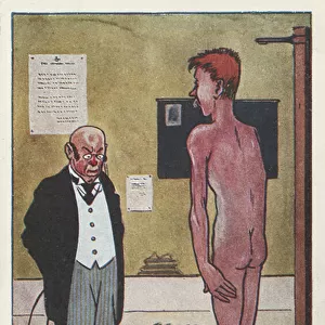 Doctor asking a naked man to cough during a medical examination (colour litho)