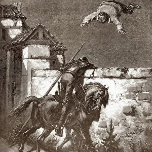 Don Quixote fails to stop the launchers of Sancho Panca who make him bounce on a blanket (Don Quixote"s remonstrances fail to influence the tossers) Engraving by Gustave Dore (1832-1883) for "L
