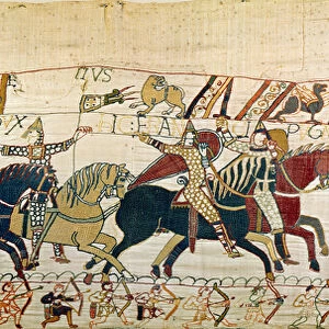 Duke William shows face to his army, Bayeux Tapestry (wool embroidery on linen)