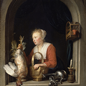 The Dutch Housewife or, The Woman Hanging a Cockerel in the Window, 1650 (oil on panel)
