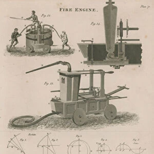 An early Fire engine, including cutaway drawing of pump (engraving)